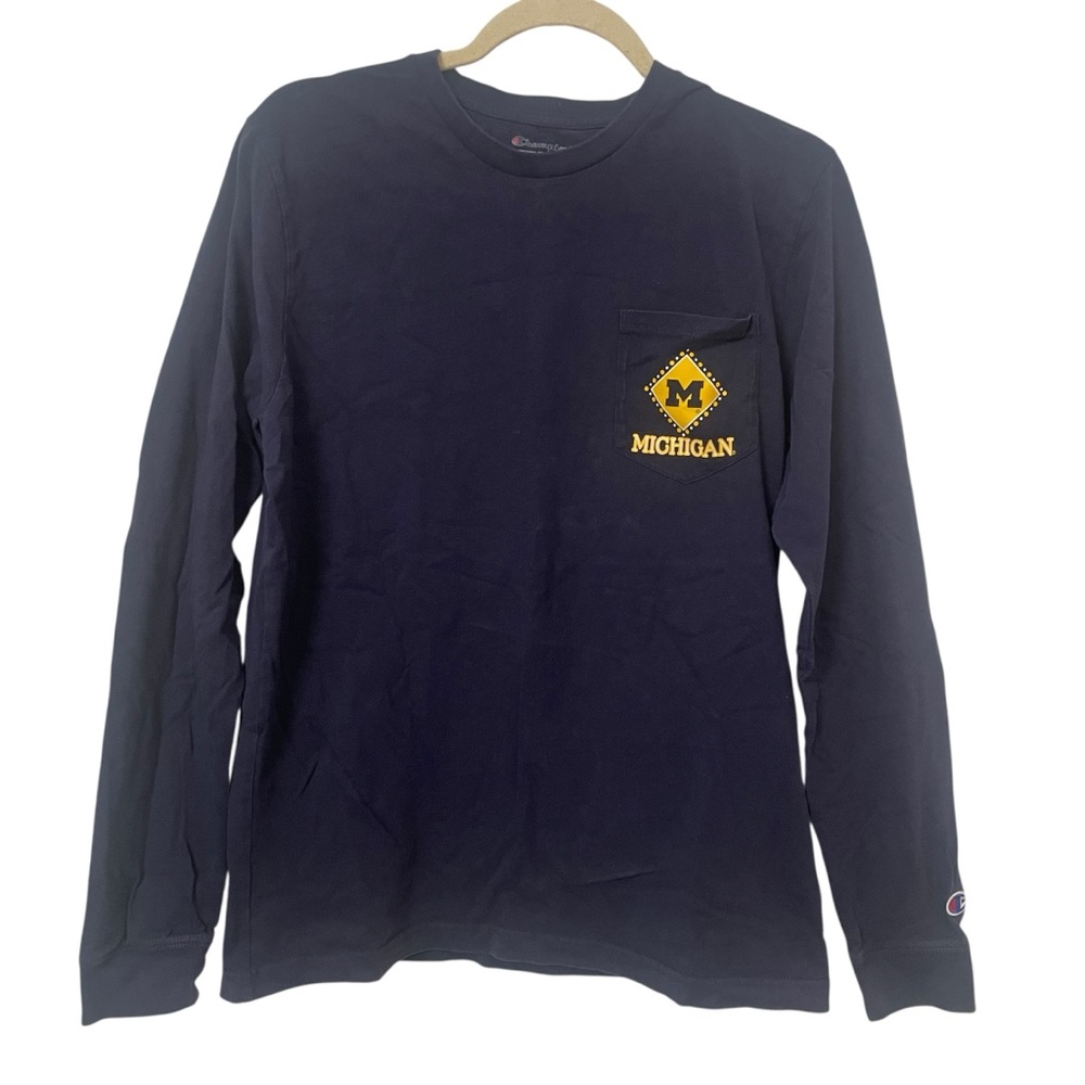 Michigan Wolverines Champion Adult Medium Navy Long Sleeve Crew Neck Tee Shirt